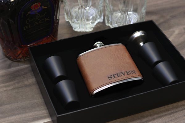 Groomsmen Hip Flasks Box Set Personalize Engraving Dark Brown