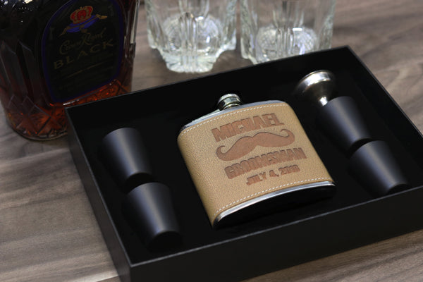 Groomsmen Hip Flasks Box Set Personalize Engraving Light Brown