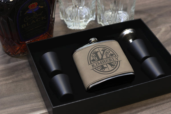 Groomsmen Hip Flasks Box Set Personalize Engraving Tan