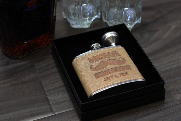 Groomsmen Hip Flasks Box Set Personalize Engraving Light Brown