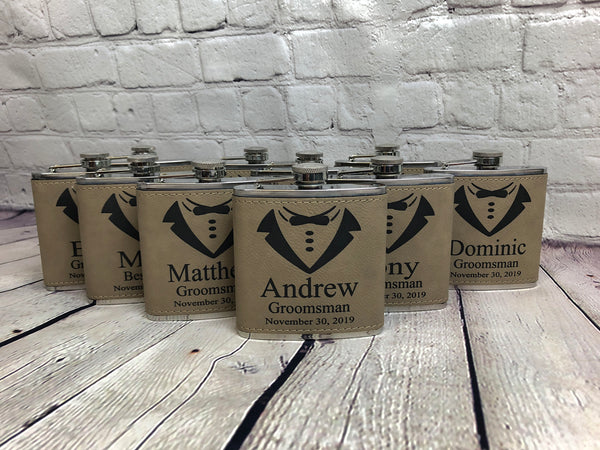 Groomsmen Hip Flasks Box Set Personalize Engraving Tan