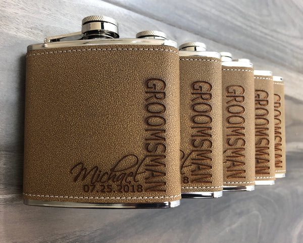 Groomsmen Hip Flasks Box Set Personalize Engraving Light Brown