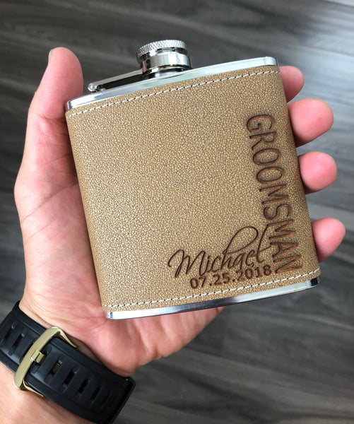 Groomsmen Hip Flasks Box Set Personalize Engraving Light Brown