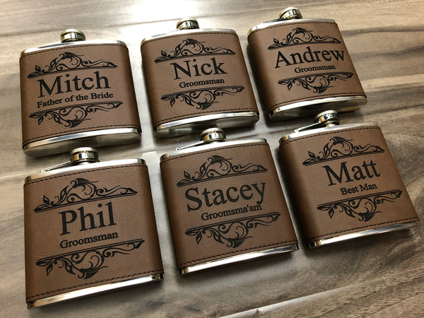 Groomsmen Hip Flasks Box Set Personalize Engraving Dark Brown