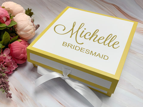 Bridesmaid Gift Box Personalize Bride to be Box Bridesmaid Proposal Box White Trim Gold