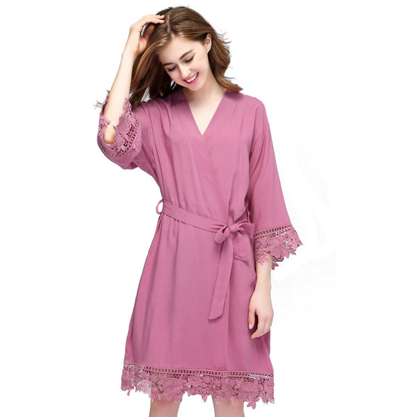 Dusty Pink - Rose Lace Cotton Kimono Robe