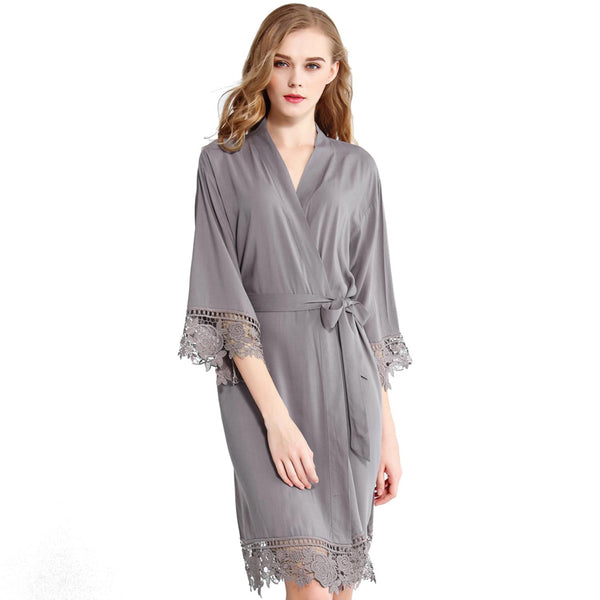 Grey - Rose Lace Cotton Kimono Robe