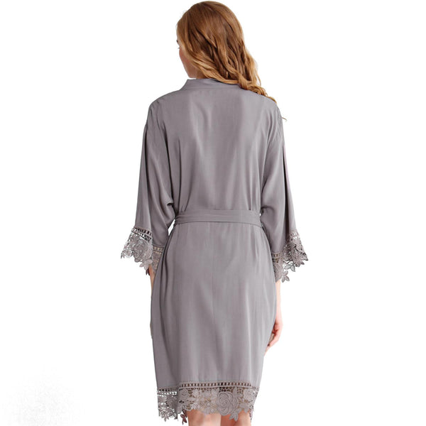 Grey - Rose Lace Cotton Kimono Robe