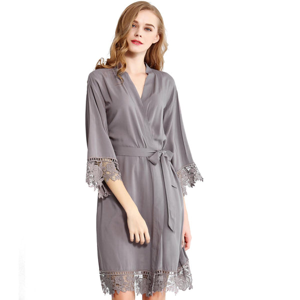 Grey - Rose Lace Cotton Kimono Robe