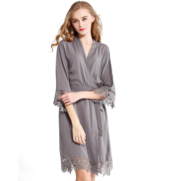 Grey - Rose Lace Cotton Kimono Robe