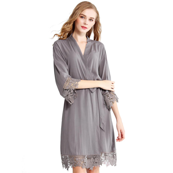 Grey - Rose Lace Cotton Kimono Robe