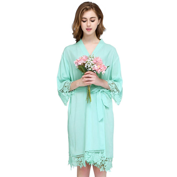 Mint - Rose Lace Cotton Kimono Robe