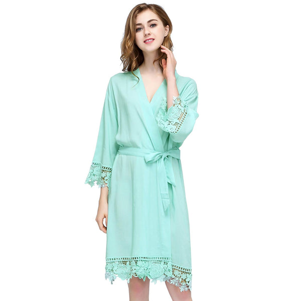 Mint - Rose Lace Cotton Kimono Robe