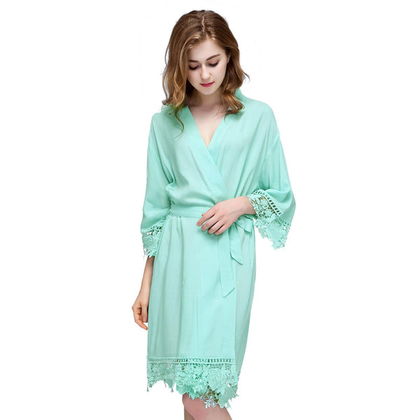 Mint - Rose Lace Cotton Kimono Robe