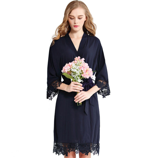 Navy Blue - Rose Lace Cotton Kimono Robe