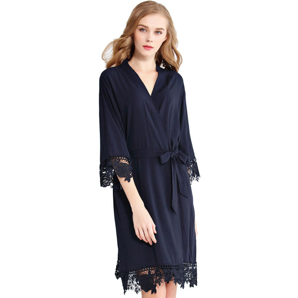 Navy Blue - Rose Lace Cotton Kimono Robe