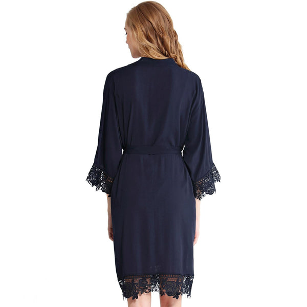 Navy Blue - Rose Lace Cotton Kimono Robe