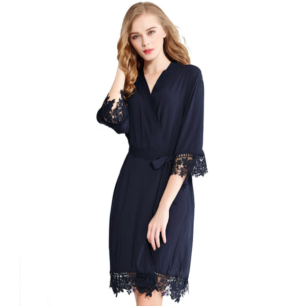 Navy Blue - Rose Lace Cotton Kimono Robe