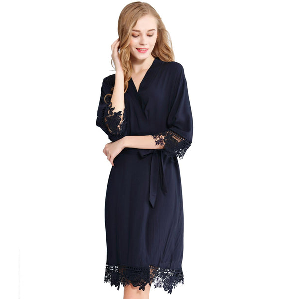 Navy Blue - Rose Lace Cotton Kimono Robe