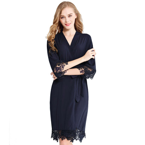 Navy Blue - Rose Lace Cotton Kimono Robe