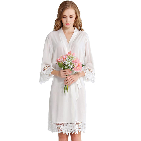 White - Rose Lace Cotton Kimono Robe