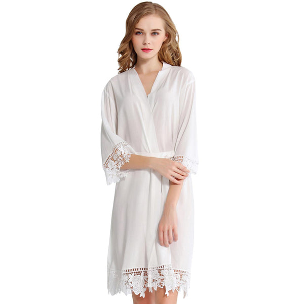 White - Rose Lace Cotton Kimono Robe