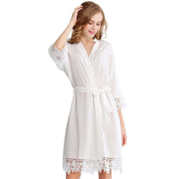 White - Rose Lace Cotton Kimono Robe