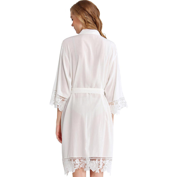 White - Rose Lace Cotton Kimono Robe