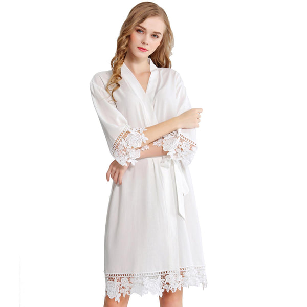 White - Rose Lace Cotton Kimono Robe