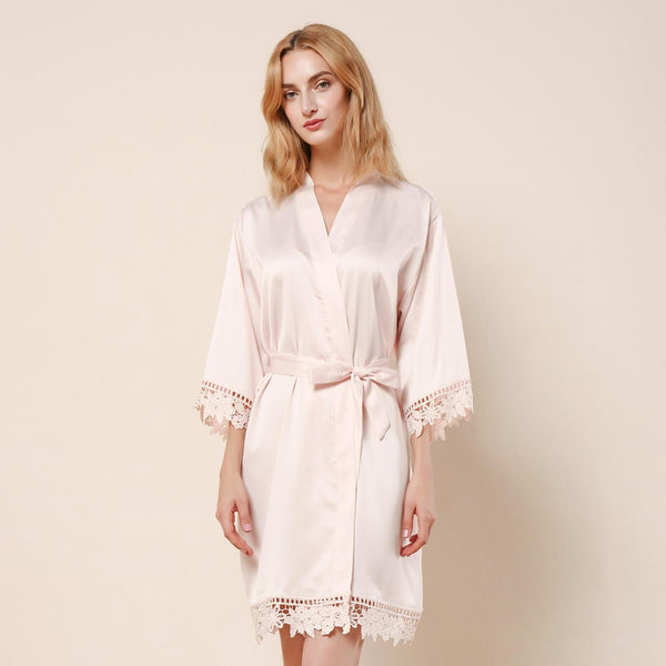 Blush - Rose Lace Satin Kimono Robe