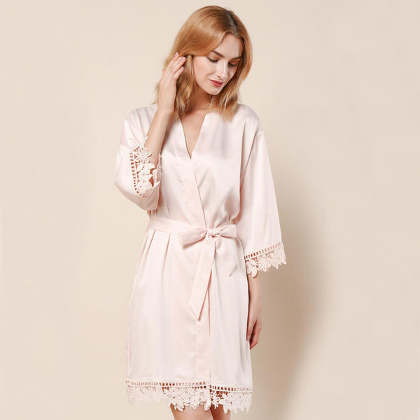 Blush - Rose Lace Satin Kimono Robe