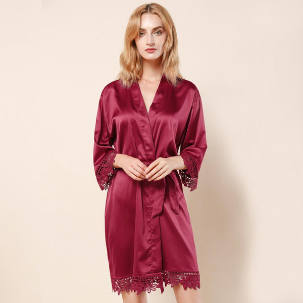 Burgundy - Rose Lace Satin Kimono Robe