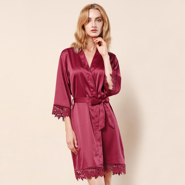 Burgundy - Rose Lace Satin Kimono Robe