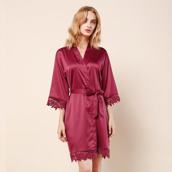 Burgundy - Rose Lace Satin Kimono Robe