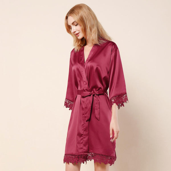 Burgundy - Rose Lace Satin Kimono Robe