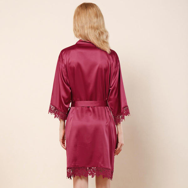 Burgundy - Rose Lace Satin Kimono Robe