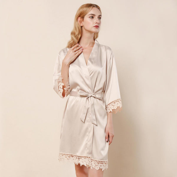 Champagne - Rose Lace Satin Kimono Robe