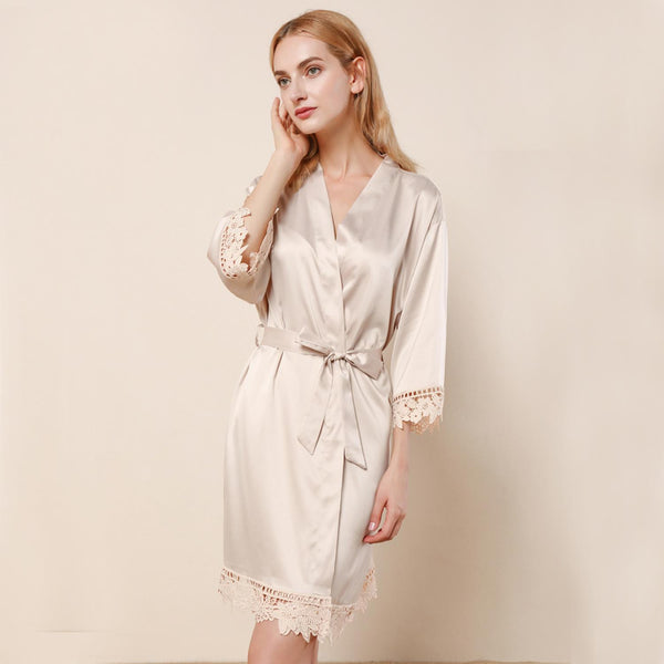 Champagne - Rose Lace Satin Kimono Robe