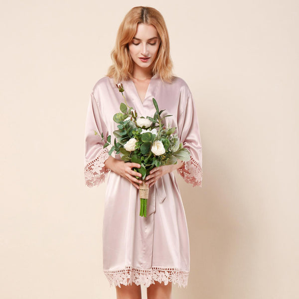 Light Dusty Pink - Rose Lace Satin Kimono Robe