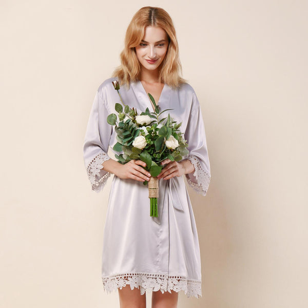 Light Grey - Rose Lace Satin Kimono Robe