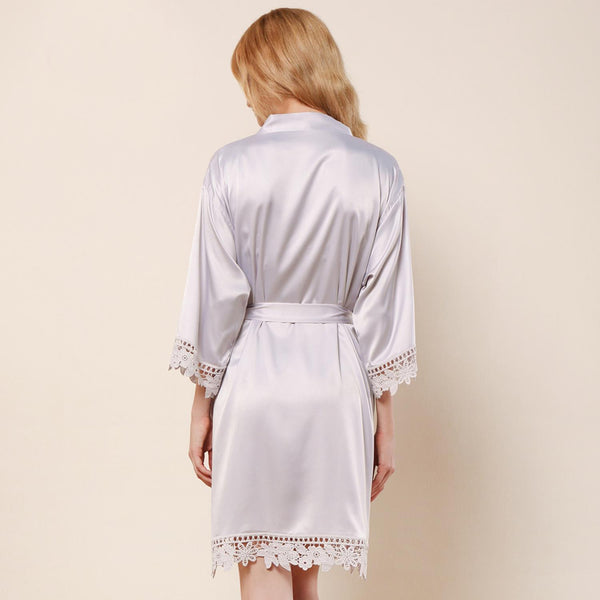 Light Grey - Rose Lace Satin Kimono Robe