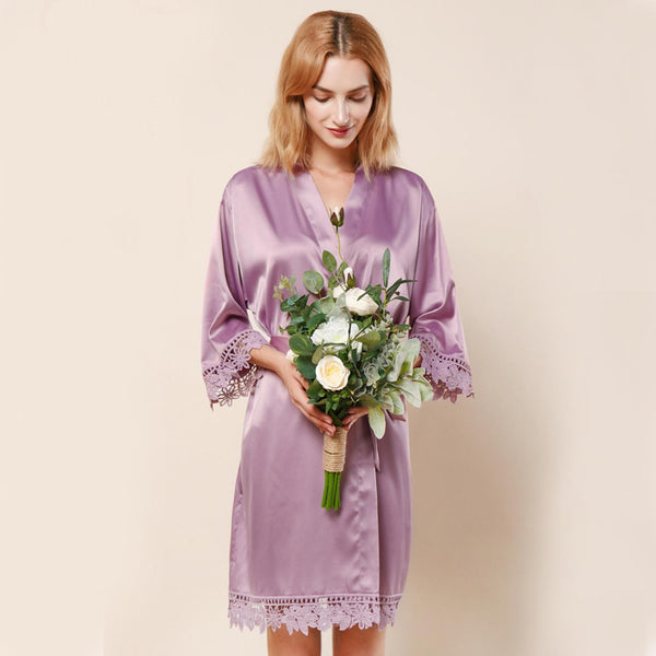 Mauve - Rose Lace Satin Kimono Robe