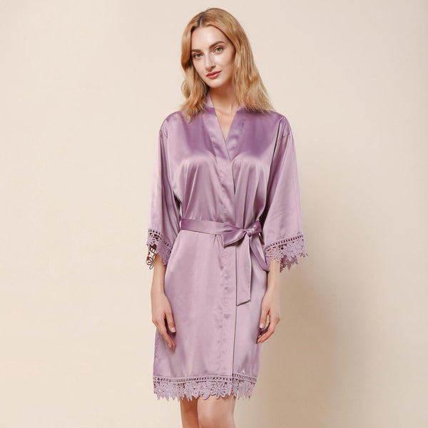 Mauve - Rose Lace Satin Kimono Robe