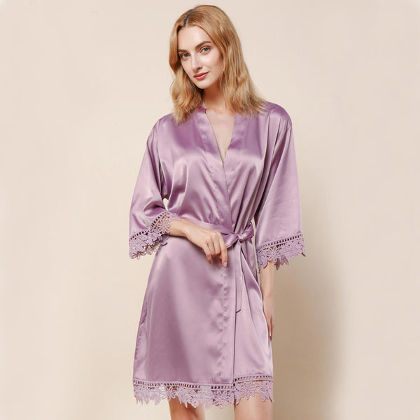 Mauve - Rose Lace Satin Kimono Robe