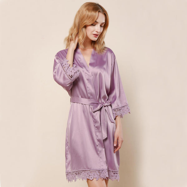 Mauve - Rose Lace Satin Kimono Robe