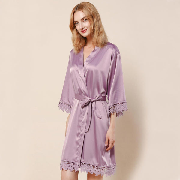 Mauve - Rose Lace Satin Kimono Robe