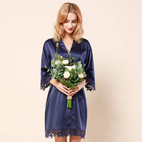 Navy Blue - Rose Lace Satin Kimono Robe