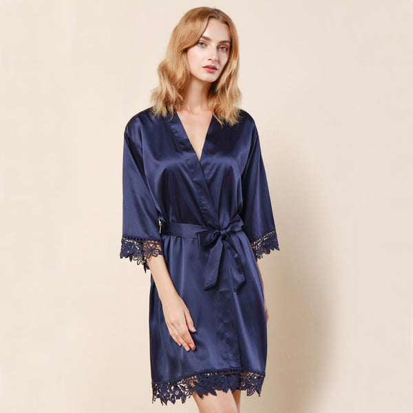 Navy Blue - Rose Lace Satin Kimono Robe