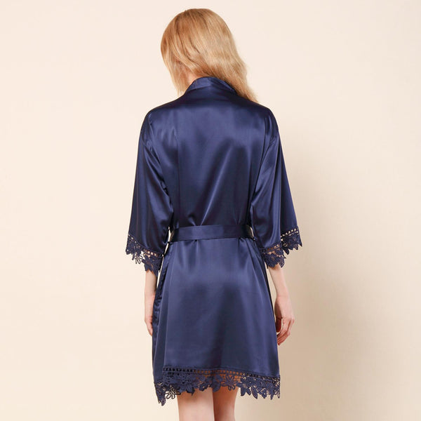 Navy Blue - Rose Lace Satin Kimono Robe