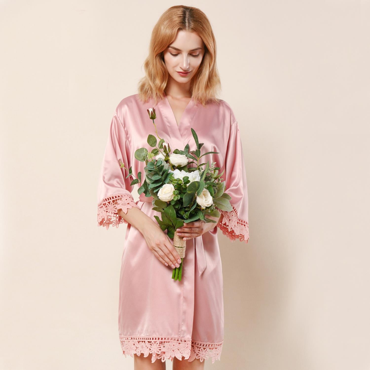 Rose Gold - Rose Lace Satin Kimono Robe Rose Gold - Rose Lace Satin Kimono Robe